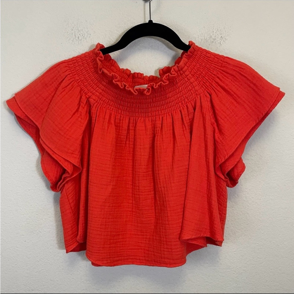 Apiece Apart Anthropologie Women's Ruffled Red Orange Smocked Top Sz 8